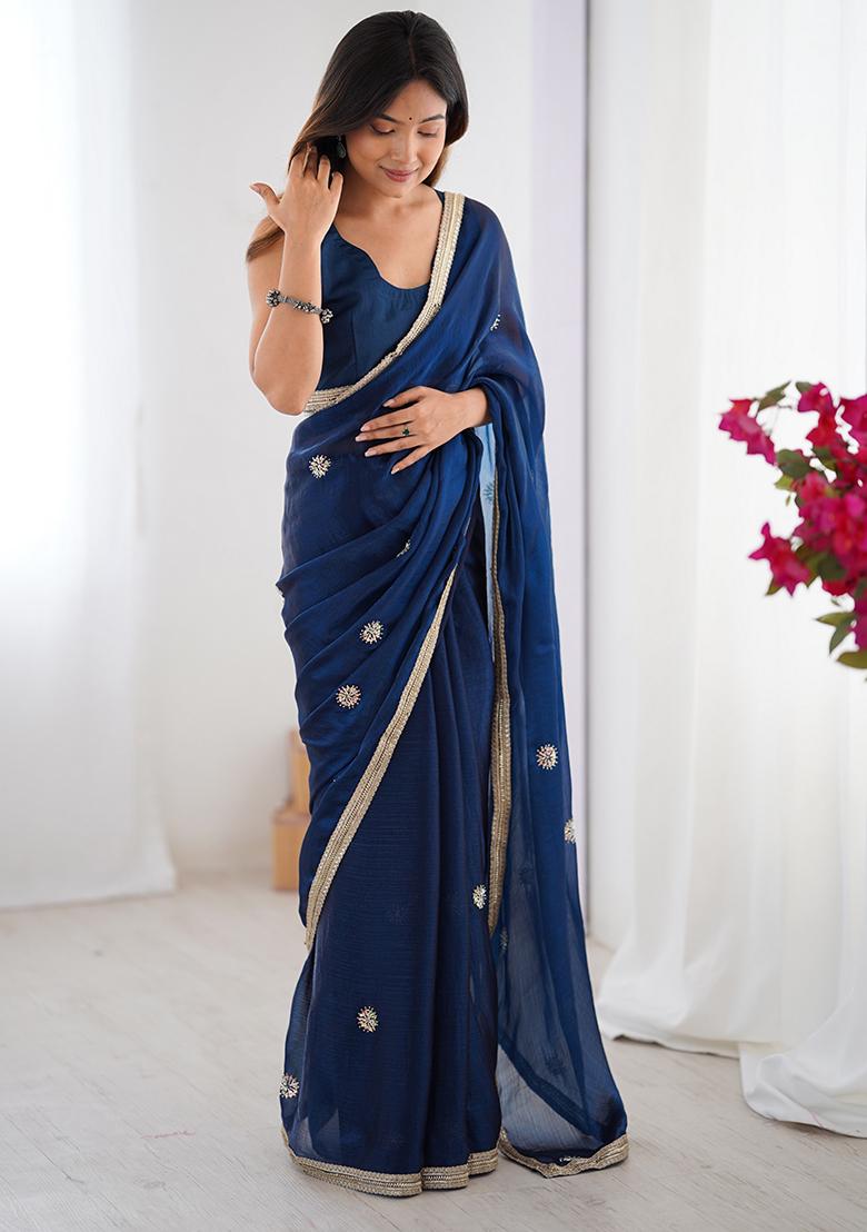 Blue Embroidered Chiffon Saree Set