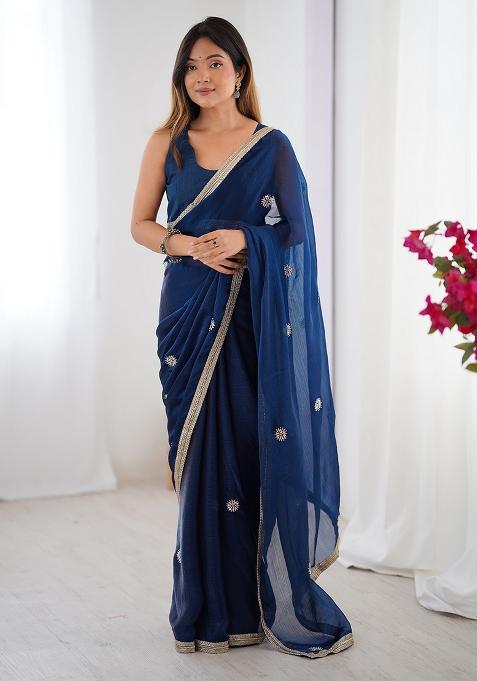 Blue Embroidered Chiffon Saree Set