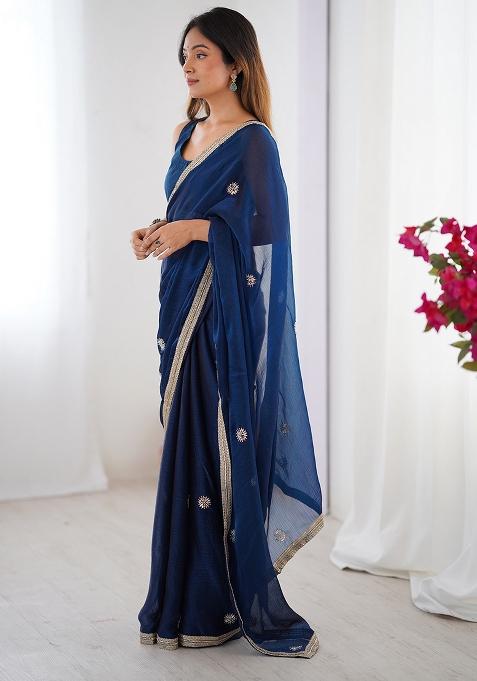 Blue Embroidered Chiffon Saree Set