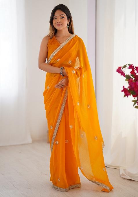 Yellow Embroidered Chiffon Saree Set