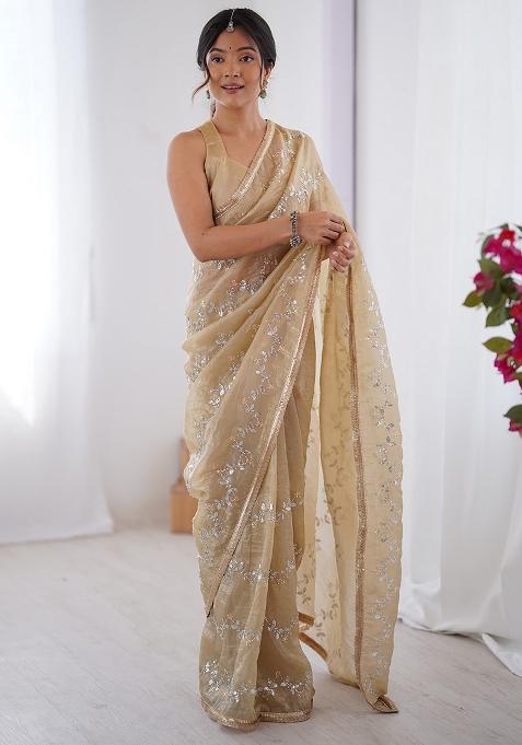 Beige Embroidered Chiffon Saree Set