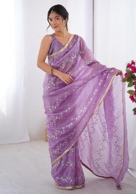 Purple Embroidered Chiffon Saree Set