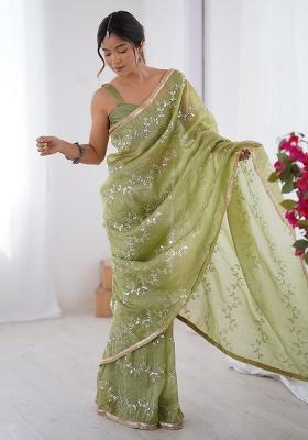 Green Embroidered Chiffon Saree Set