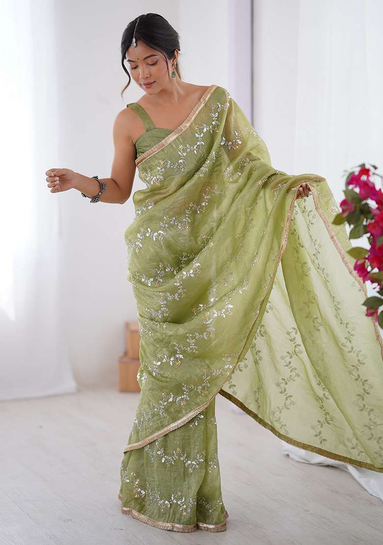 Green Chiffon Saree Set with Embroidered for Diwali | Wedding & Festive Wear - Indya