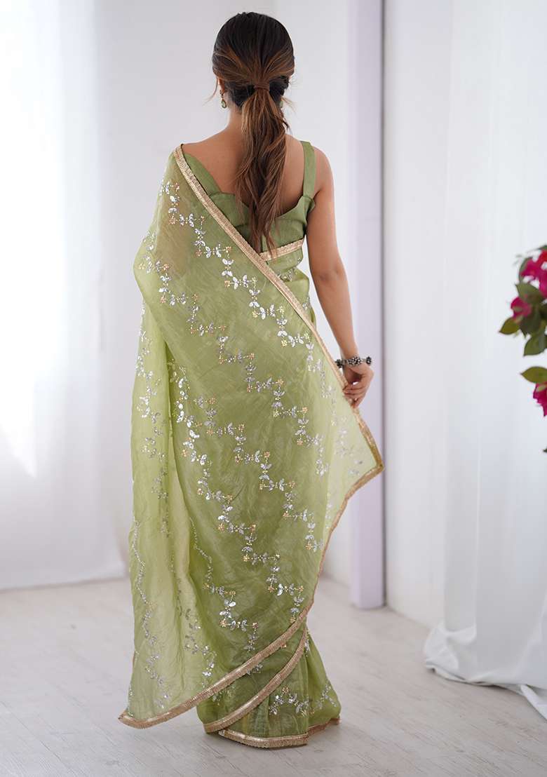Green Chiffon Saree Set with Embroidered for Diwali | Wedding & Festive Wear - Indya