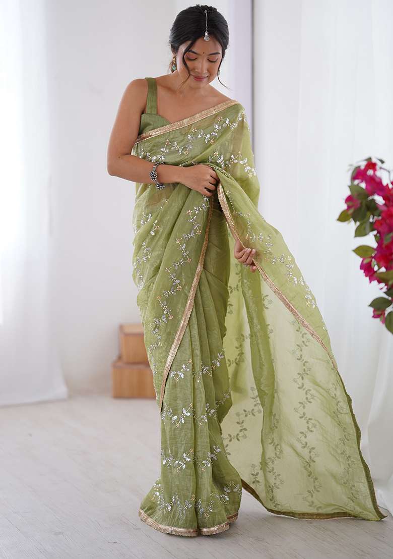 Green Chiffon Saree Set with Embroidered for Diwali | Wedding & Festive Wear - Indya