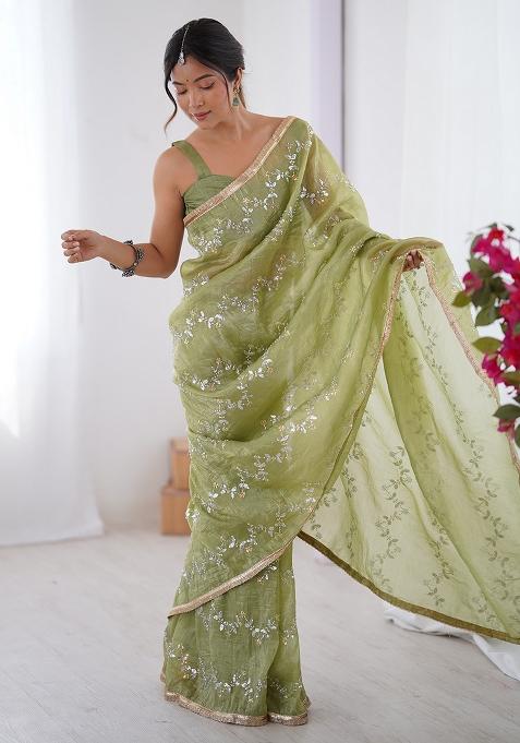 Green Embroidered Chiffon Saree Set