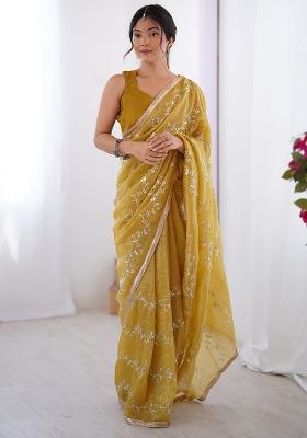 Mustard Yellow Embroidered Chiffon Saree Set