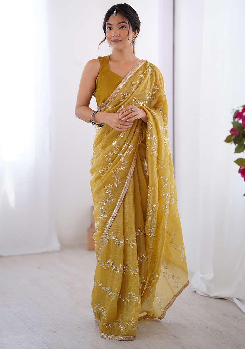 Mustard Yellow Embroidered Chiffon Saree Set for Diwali and Festive Wear - Indya