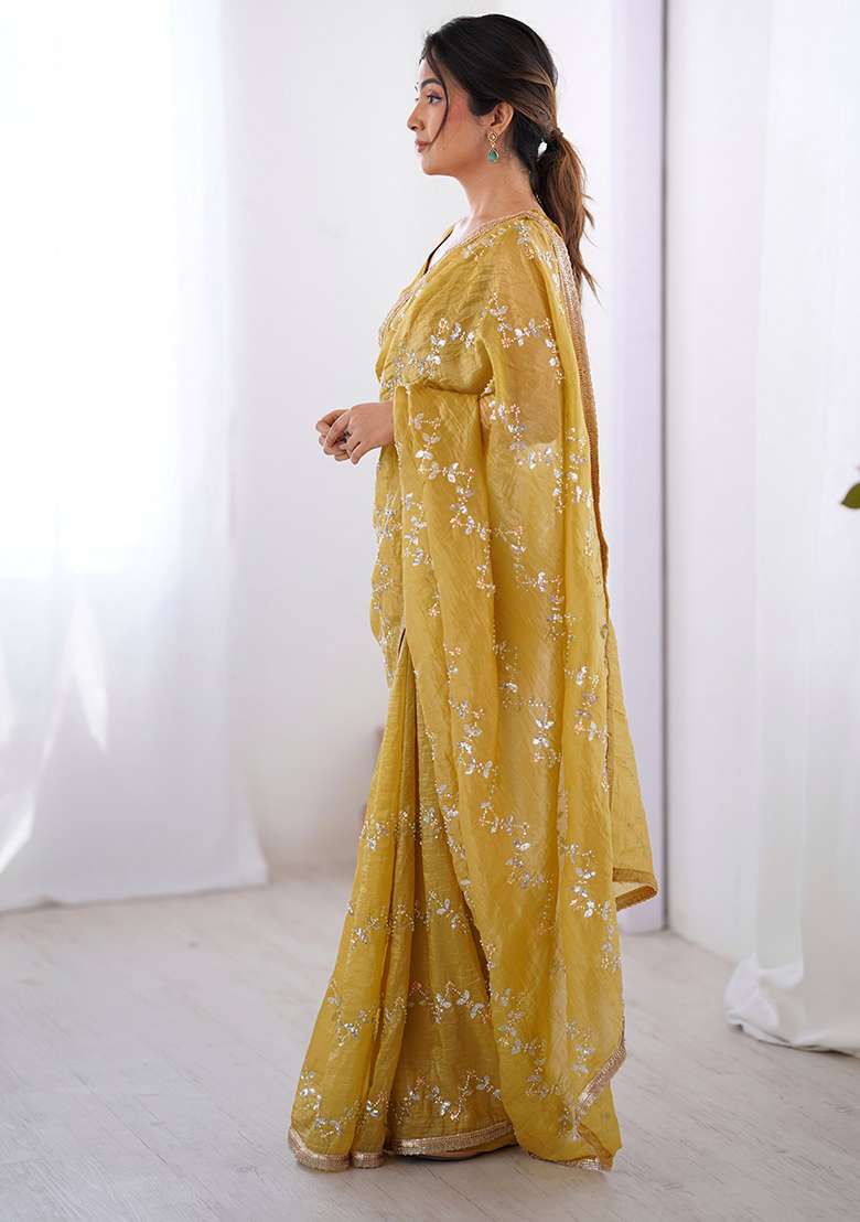 Mustard Yellow Embroidered Chiffon Saree Set for Diwali and Festive Wear - Indya