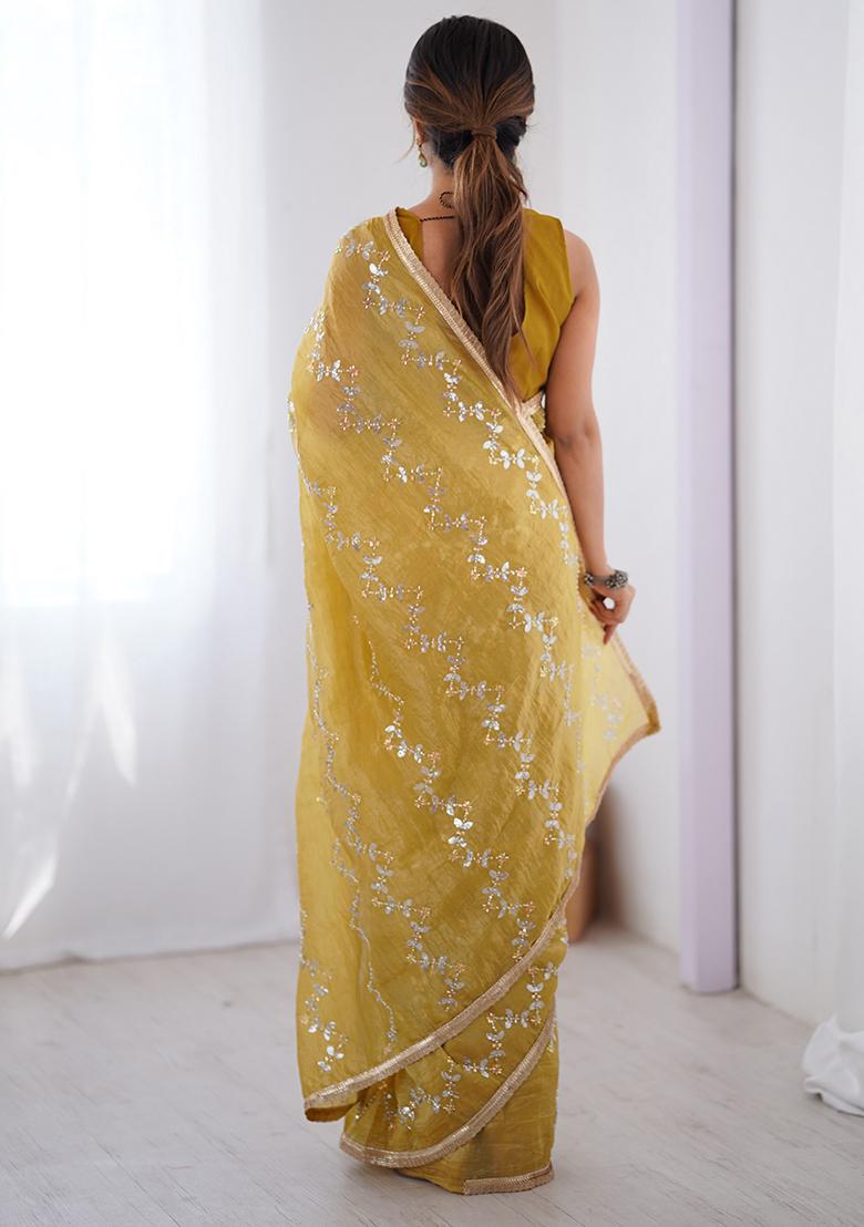 Mustard Yellow Embroidered Chiffon Saree Set - Indya