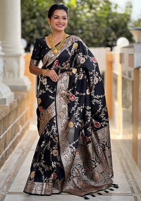 Black Woven Silk Blend Saree Set