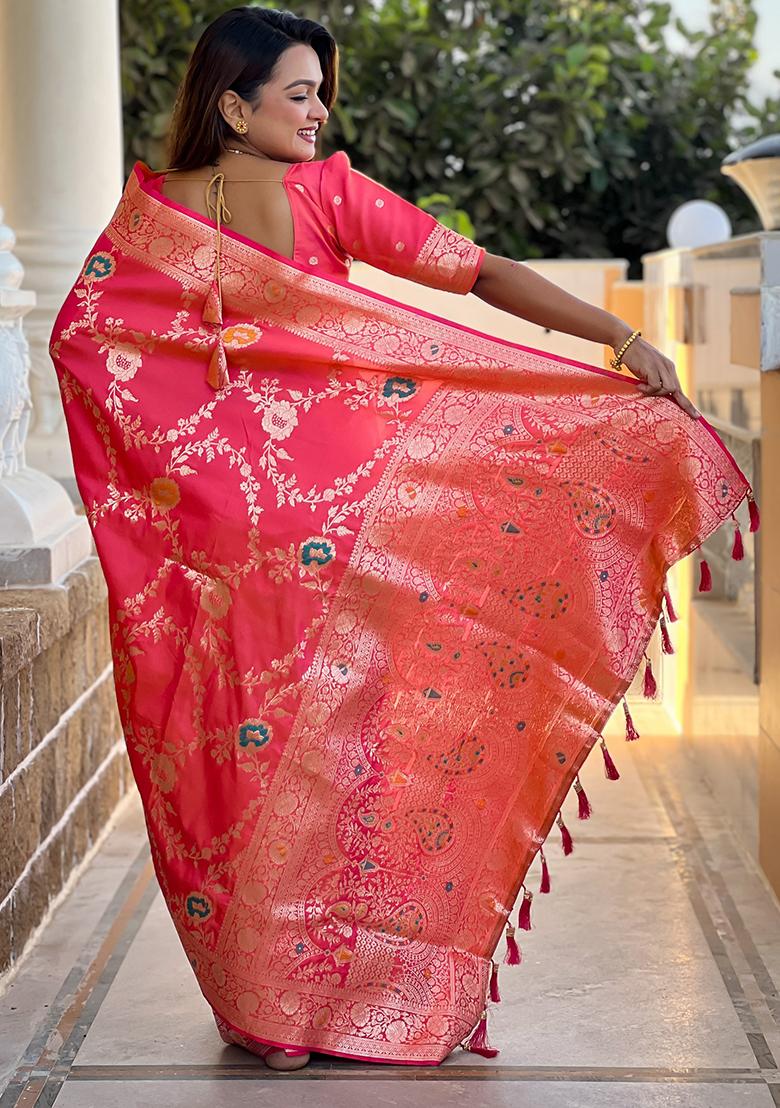 Red Woven Silk Blend Saree Set