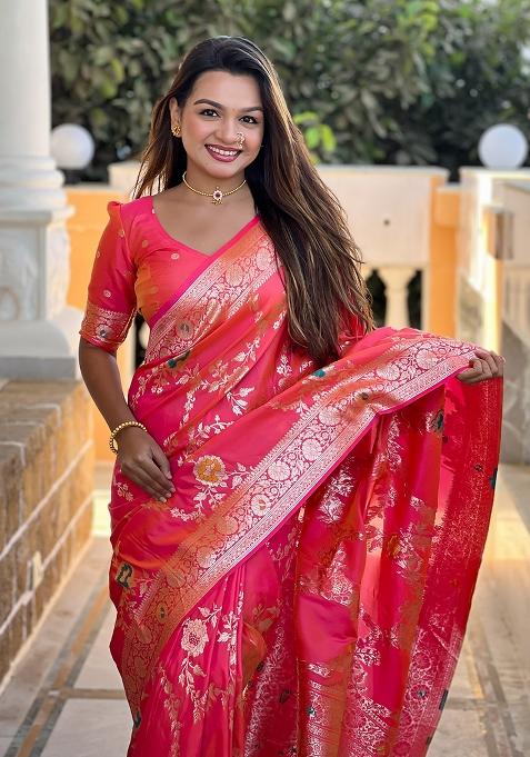 Red Woven Silk Blend Saree Set