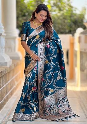 Teal Blue Woven Silk Blend Saree Set