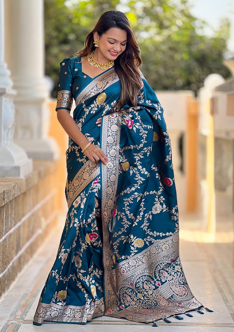 Teal Blue Woven Silk Blend Saree Set