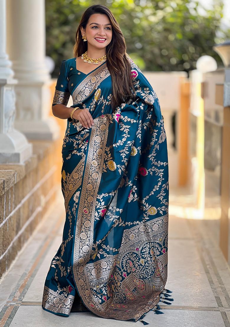 Teal Blue Woven Silk Blend Saree Set