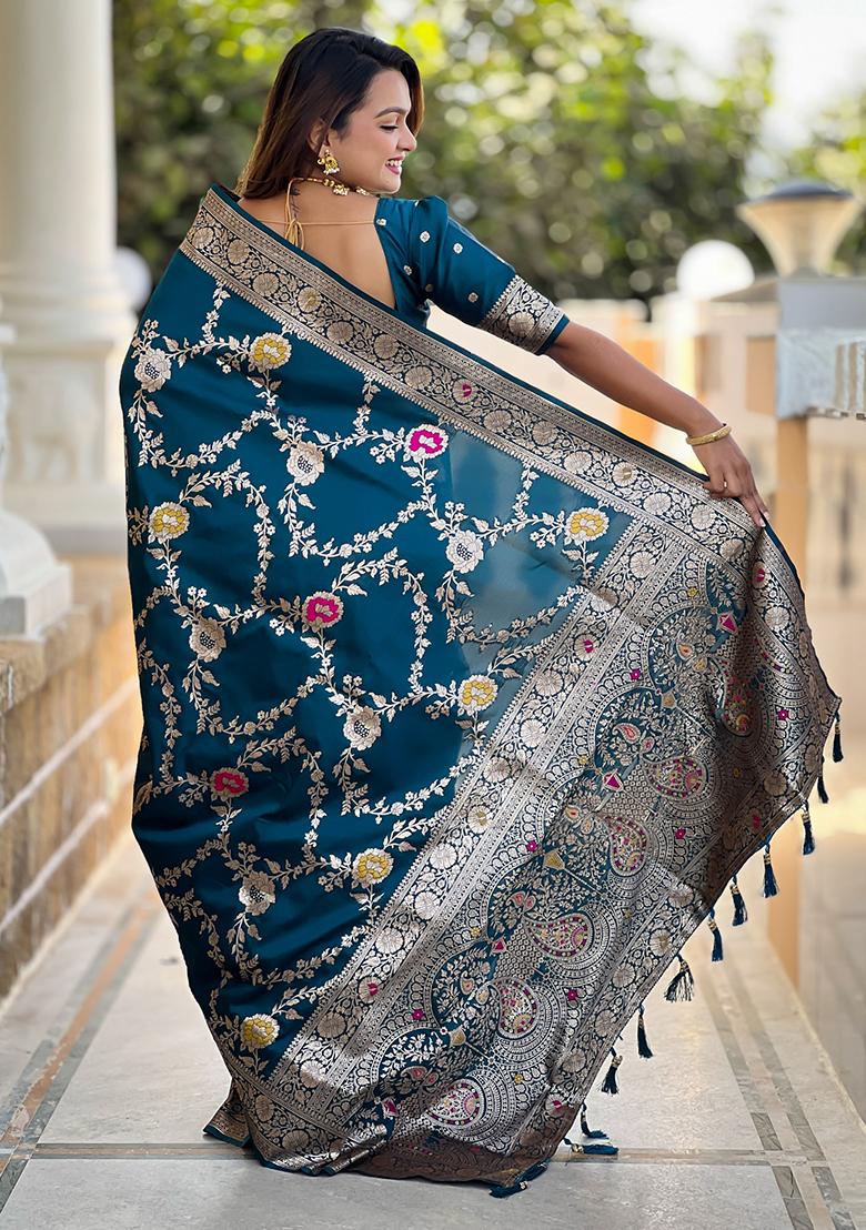 Teal Blue Woven Silk Blend Saree Set