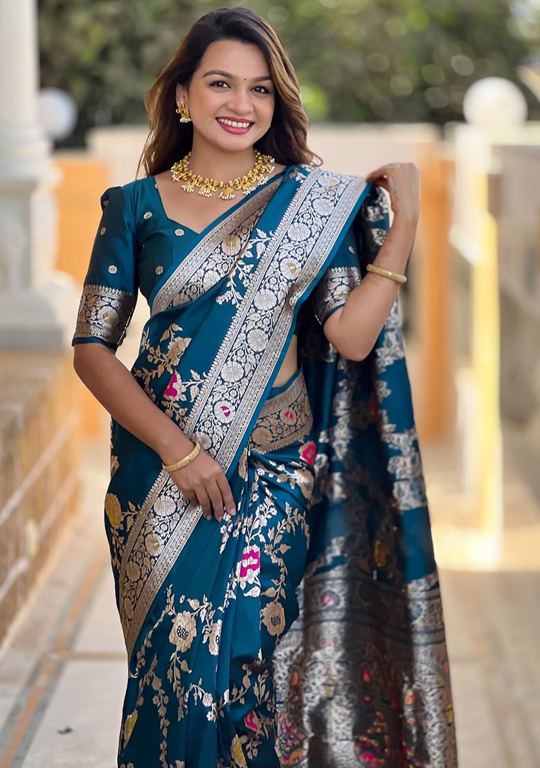 Teal Blue Woven Silk Blend Saree Set