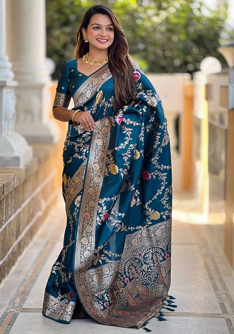 Teal Blue Woven Silk Blend Saree Set
