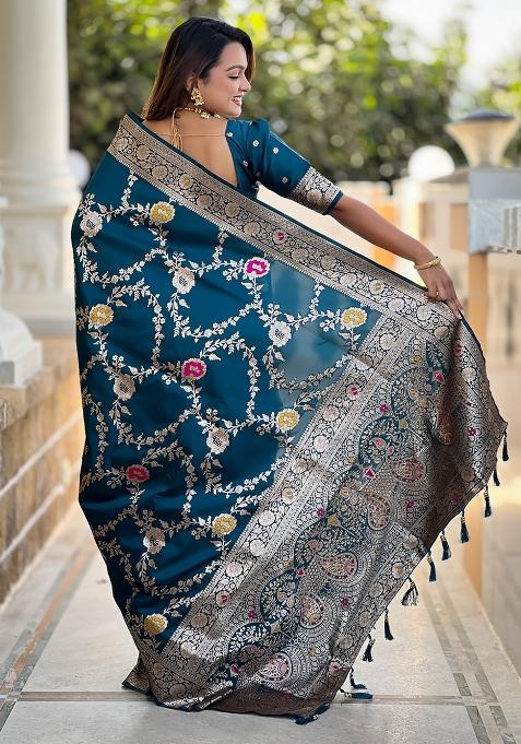 Teal Blue Woven Silk Blend Saree Set