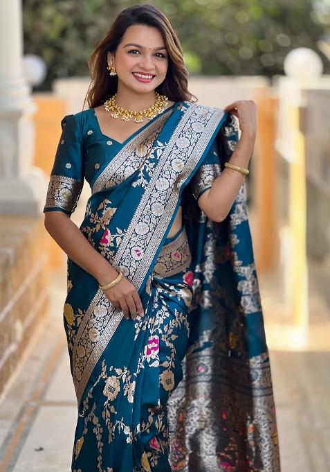 Teal Blue Woven Silk Blend Saree Set
