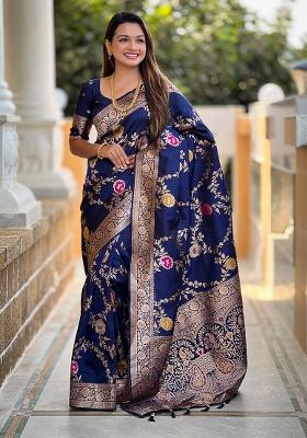 Navy Blue Woven Silk Blend Saree Set