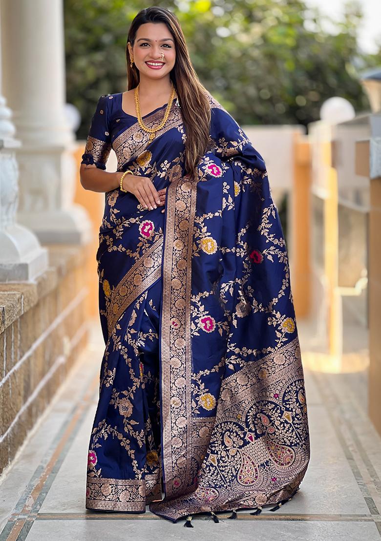 Navy Blue Woven Silk Blend Saree Set