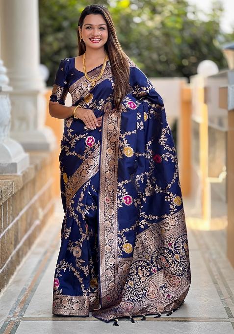 Navy Blue Woven Silk Blend Saree Set