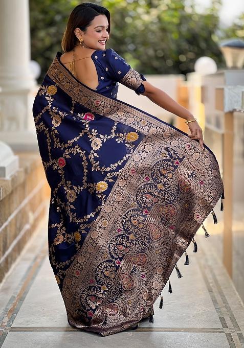 Navy Blue Woven Silk Blend Saree Set