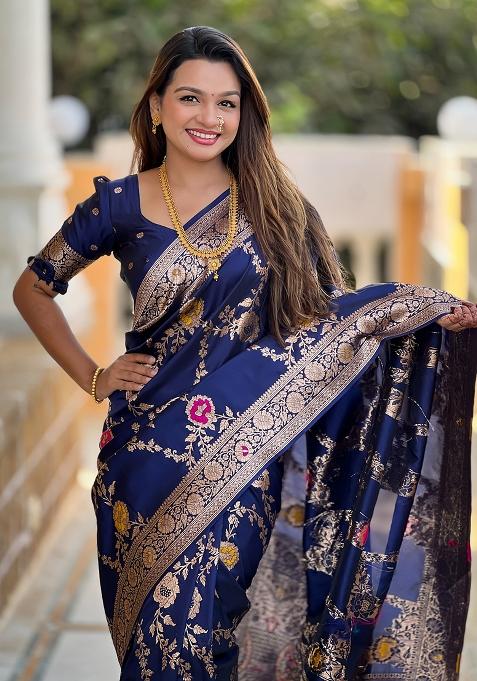Navy Blue Woven Silk Blend Saree Set