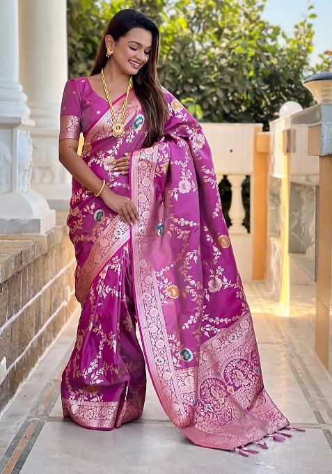 Mauve Woven Silk Blend Saree Set