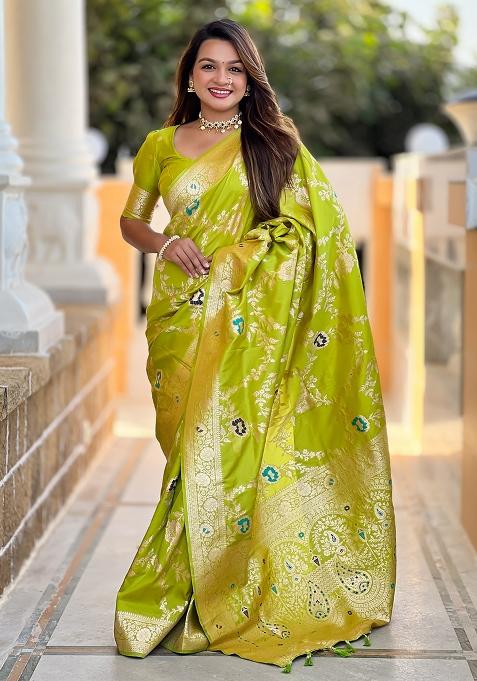 Green Woven Silk Blend Saree Set