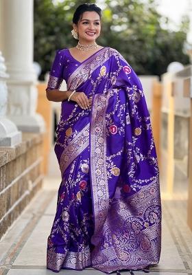 Purple Woven Silk Blend Saree Set
