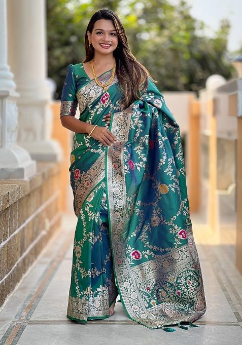 Green Woven Silk Blend Saree Set