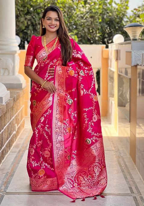 Pink Woven Silk Blend Saree Set