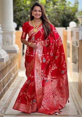 Red Woven Silk Blend Saree Set