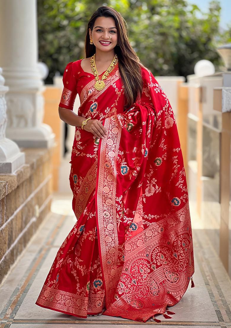 Red Woven Silk Blend Saree Set