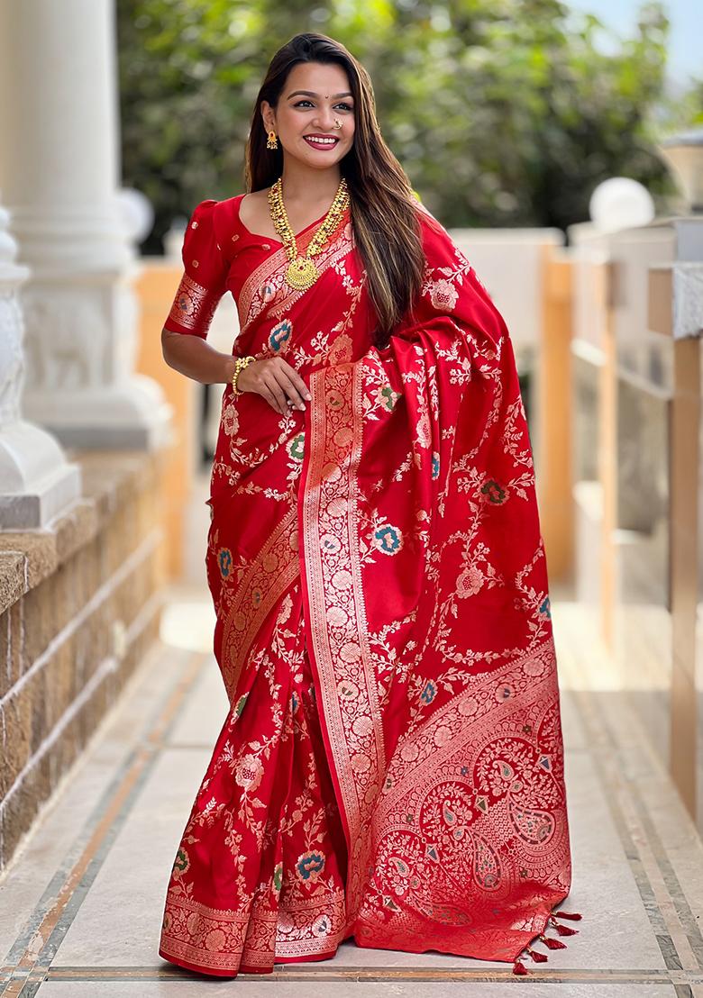 Red Woven Silk Blend Saree Set