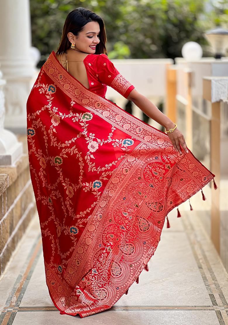 Red Woven Silk Blend Saree Set