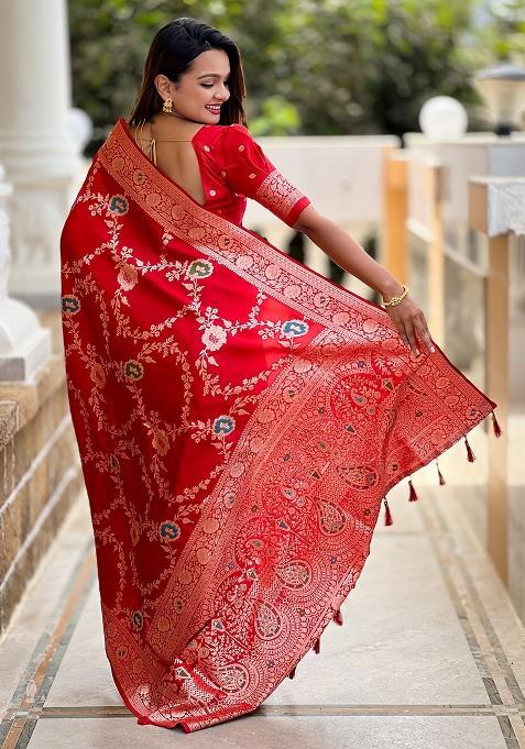 Red Woven Silk Blend Saree Set