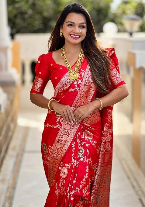 Red Woven Silk Blend Saree Set