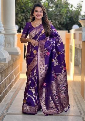 Voilet Woven Silk Blend Saree Set