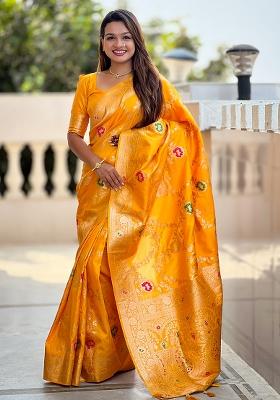 Yellow Woven Silk Blend Saree Set