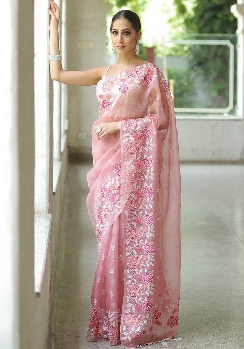 Pink Embroidered Organza Saree Set