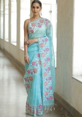 Sky Blue Embroidered Organza Saree Set
