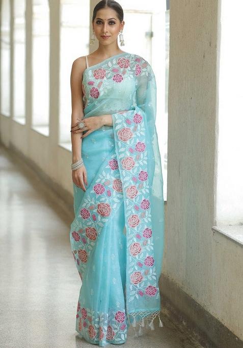Sky Blue Embroidered Organza Saree Set