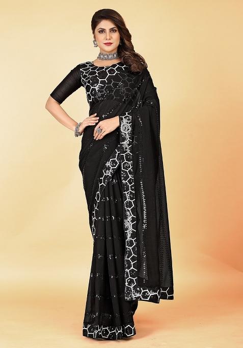 Black Embroidered Faux Georgette Saree Set