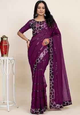 Purple Embroidered Faux Georgette Saree Set