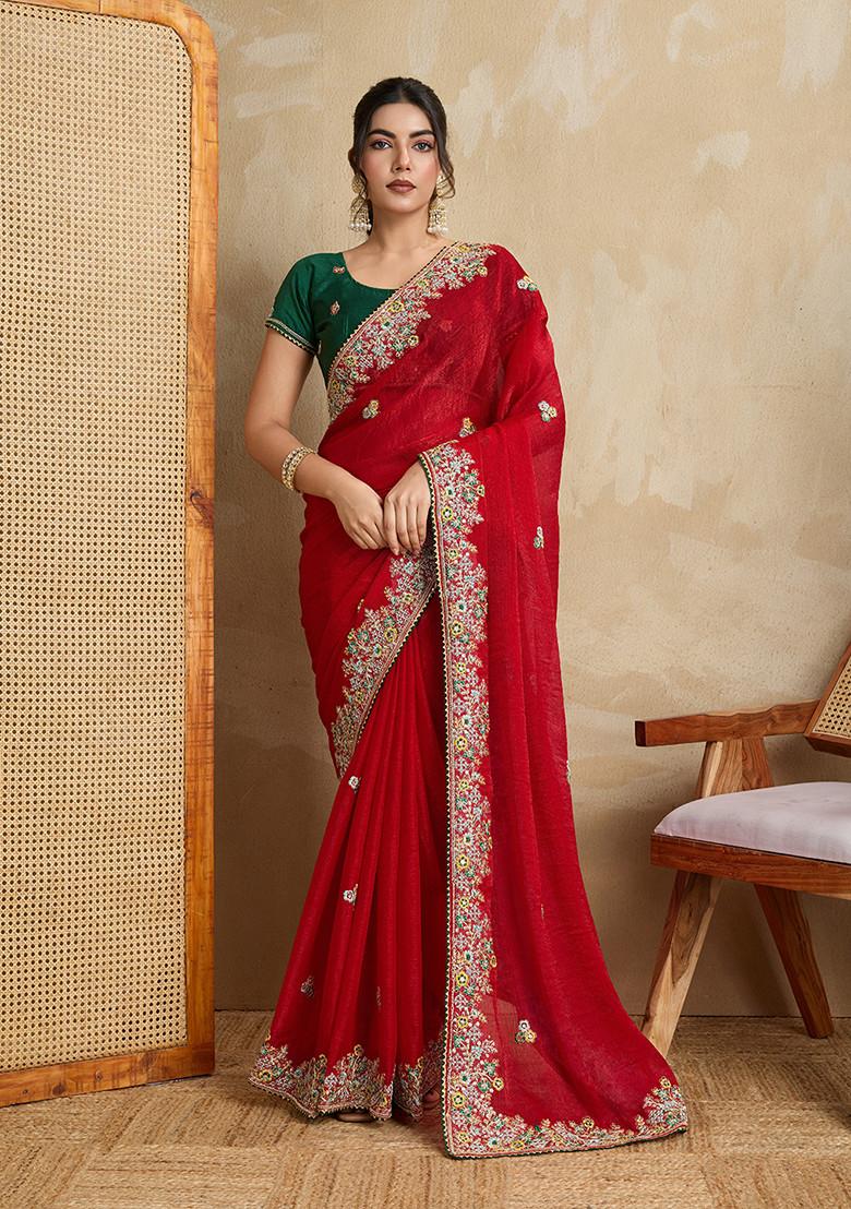 Red Embroidered Chiffon Saree Set